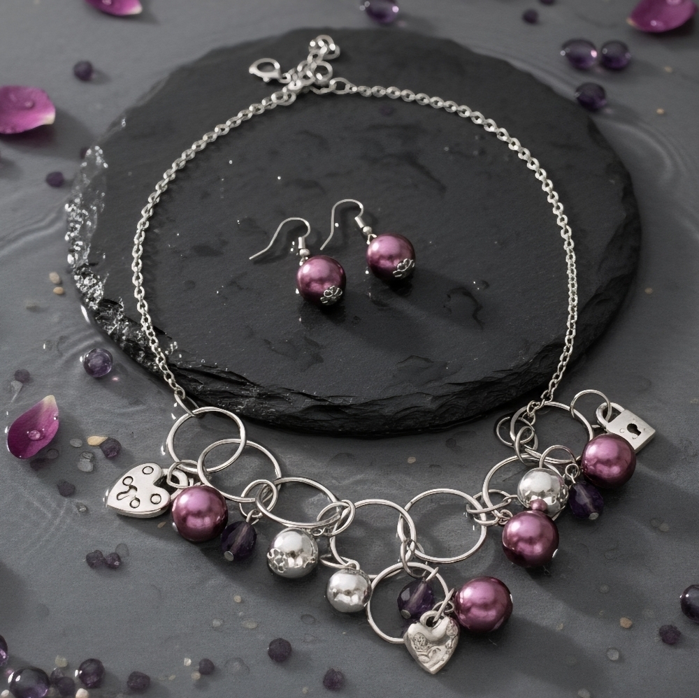 Silver Plated Fashion Necklace Earrings Set Purple Beads Padlock Heart Charms